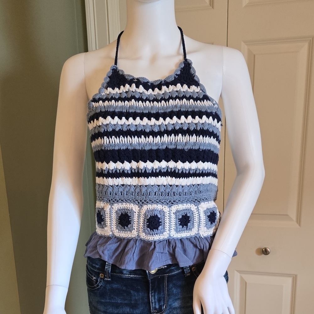 *NWT* Lucky Brand Sexy Blue and White Cropped Ruffled Halter Top
